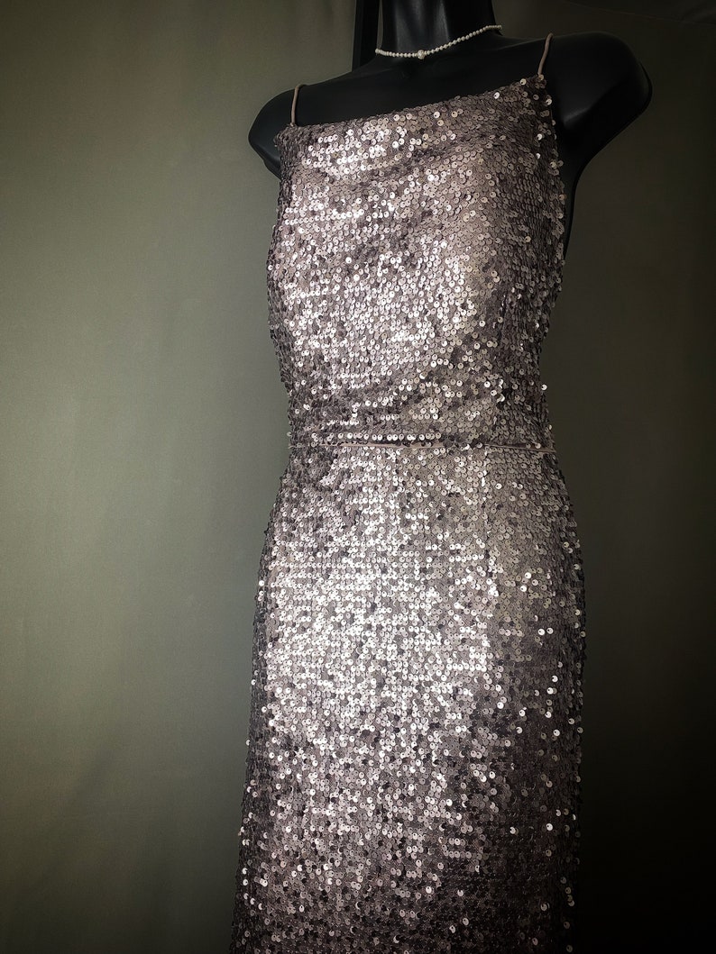 May include: A silver sequined sleeveless dress with a scoop neck.