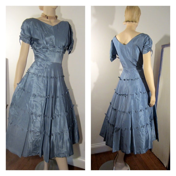 50s blue bow dress, vintage fit and flare cocktai… - image 1