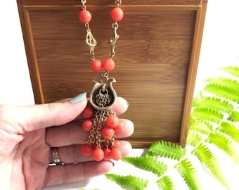 60s coral cluster pendant beaded mcm necklace, vintage jewelry gift for her