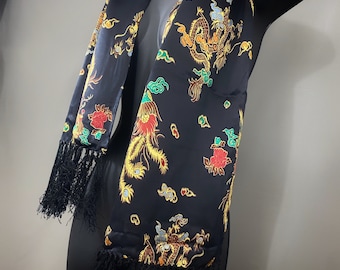 year of the dragon silk fringed scarf, sash, head wrap, vintage accessory gift for her
