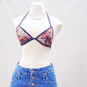 70s bikini top, vintage print swimsuit, festival bikini top, triangle bikini top, vintage vacation, island honeymoon