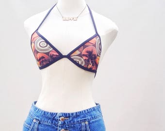 70s bikini top, vintage print swimsuit, festival bikini top, triangle bikini top, vintage vacation, island honeymoon