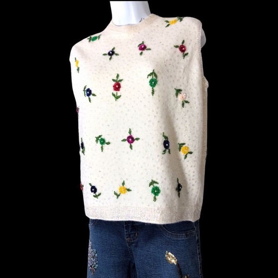 50s hand beaded floral knit shell, lambswool / an… - image 1