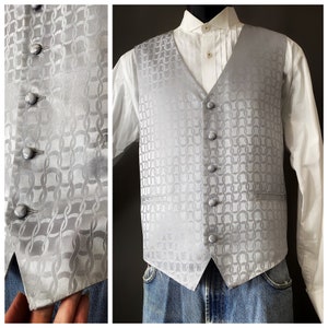 80s bill blass button front vest, vintage silver gray silk jacquard formal menswear size large