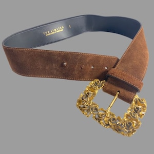 80s mocha brown suede belt floral buckle, wide rust belt made in italy birthday anniversary gift vintage