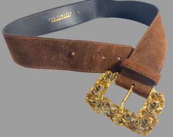 Boucle florale de ceinture en daim marron moka des années 80, fabriquée en Italie, cadeau d'anniversaire large vintage