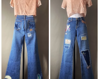 verzierte denim jean, hippie boho bestickt beunruhigt schlagbein größe 29