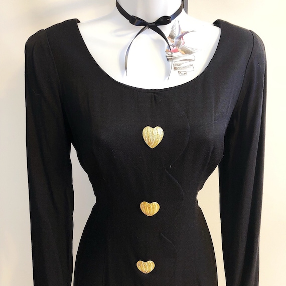 80s lbd with gold heart buttons sheath dress, vintage santa fe/jim tremblay label valentine dress