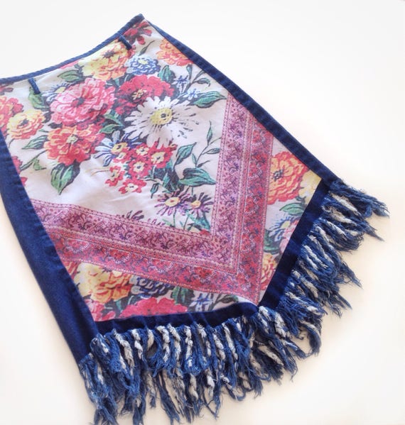 fringed denim / 80s denim skirt / vintage jeans sk