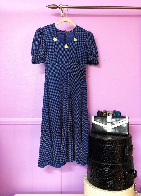 60s dotted swiss daisy dress, vintage navy polka d