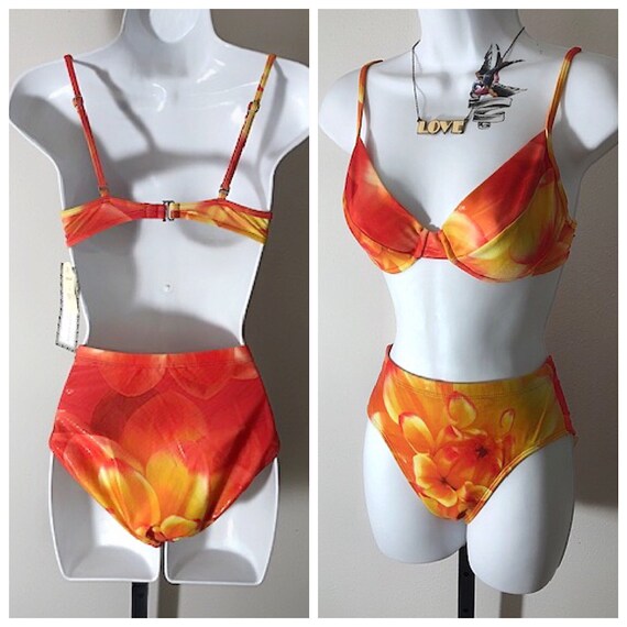 80s orange floral high waisted bikini, NWT vintag… - image 8