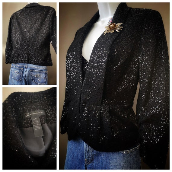 Black Sparkly Sequin Evening Jacket, Holiday Party Prom Fancy Top
