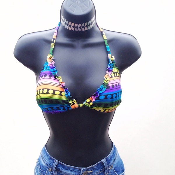 vintage ruffled rainbow coachella top, festival beach bikini top