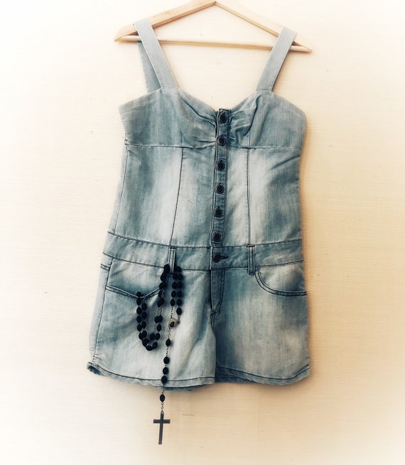 womens faded denim romper, vintage playsuit with … - image 1