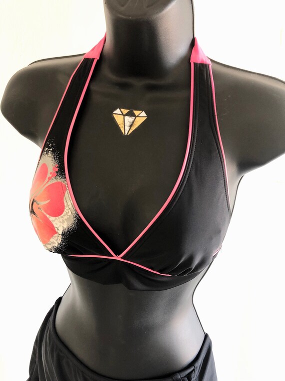 80s pink + black graphic floral bikini top, vinta… - image 3