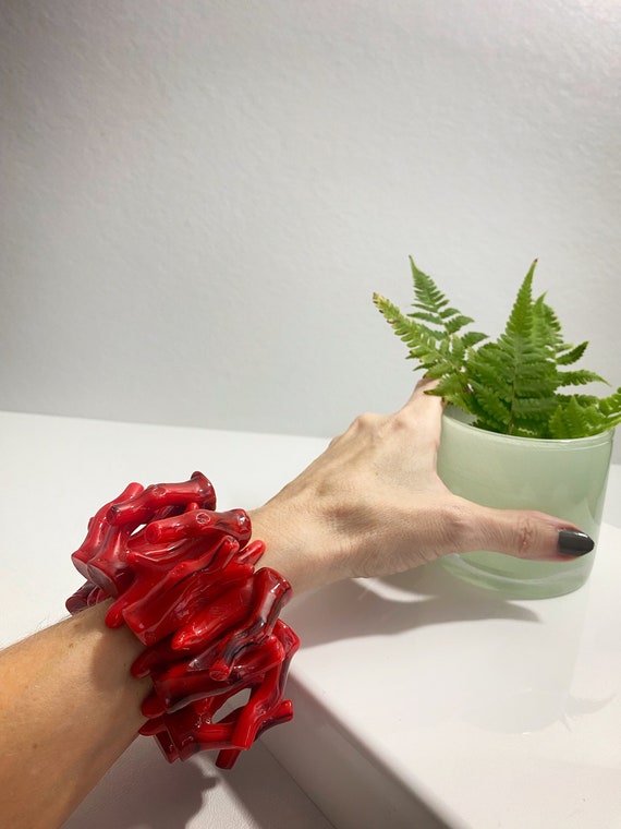 red resin coral branch bracelet, wide stretch cuff