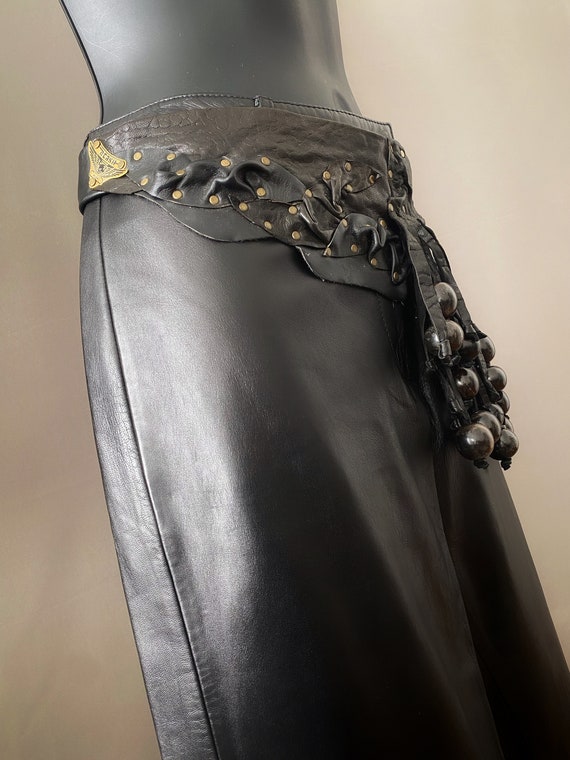 90s beaded fringe black leather belt, vintage boh… - image 6