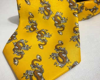 year of the dragon gold silk neck tie handmade, vintage accessory gift for him