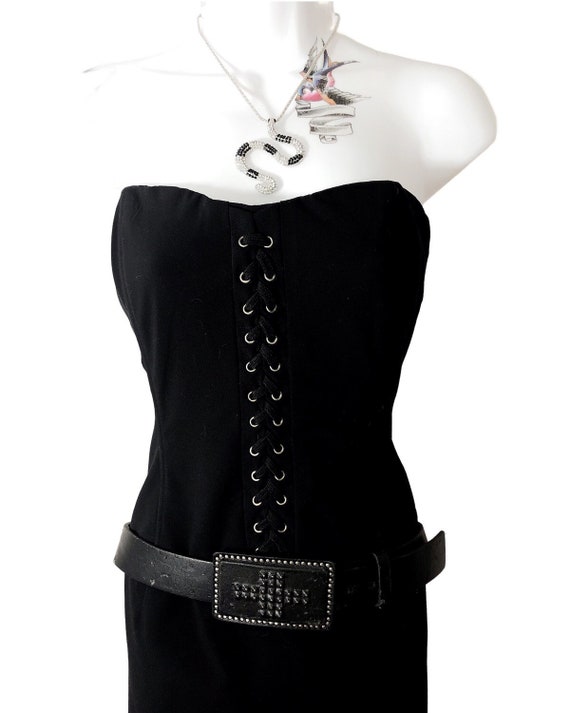 black strapless dress, bustier lace up corset sty… - image 6