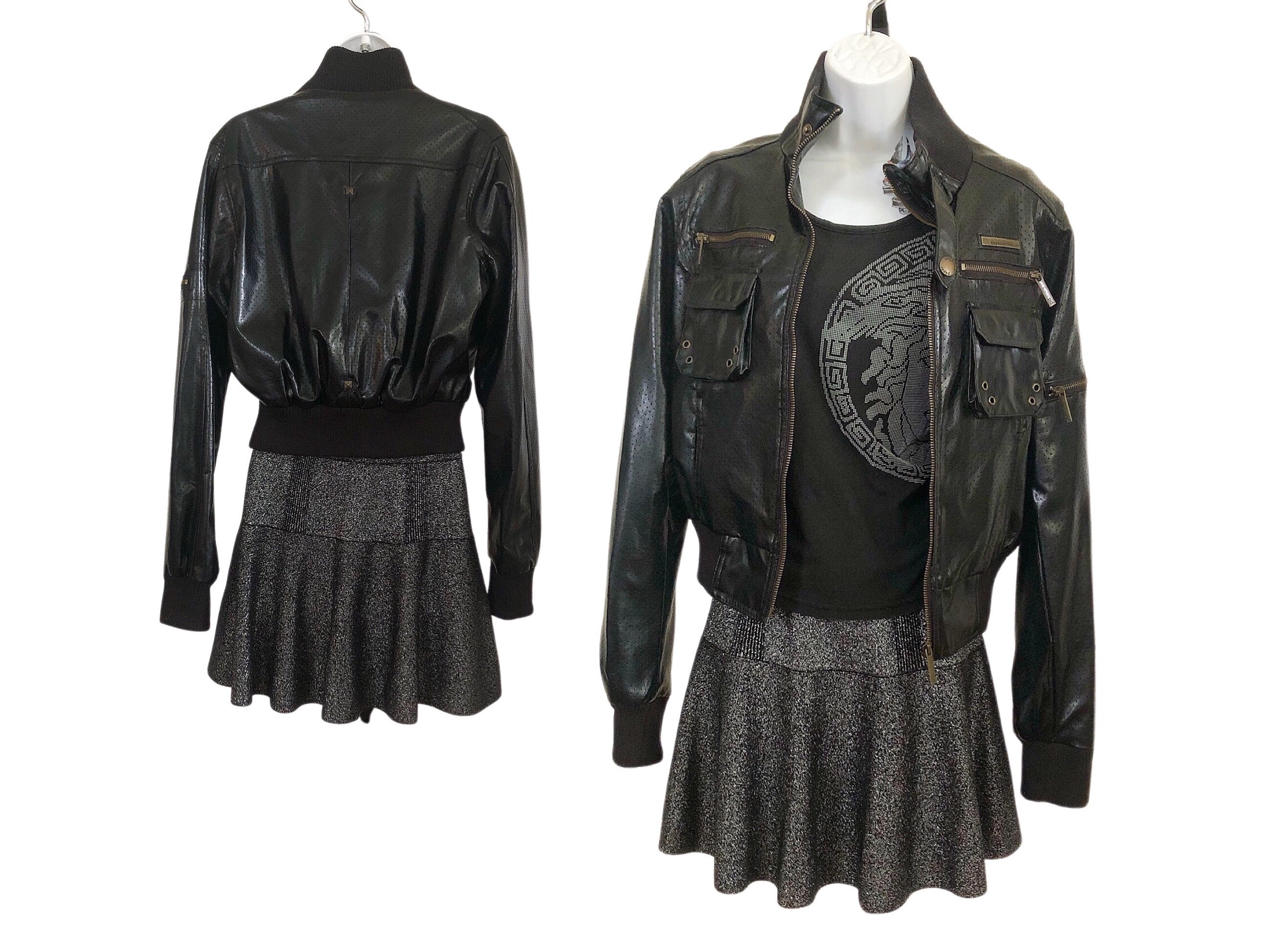 90s Faux Leather Black Motorcycle Jacket, Vintage Rocker Zip up