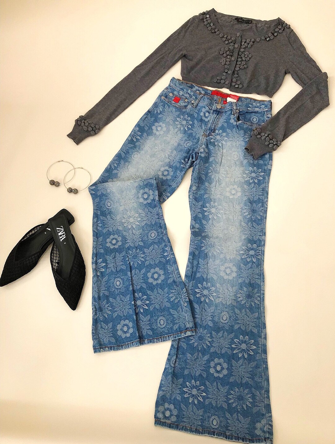Womens Floral Faded Flare Jeans, Vintage 5 Pocket Stretch Denim Bongo ...