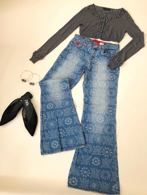 Jean flare délavé à fleurs pour femme, jean bleu étiquette bongo en denim  stretch vintage 5 poches - Etsy France