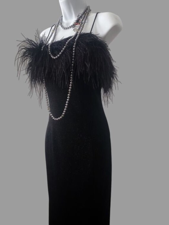 80s ostrich feather black velvet gown, long vinta… - image 3