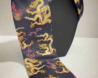 year of the dragon gold on slate blue silk neck tie handmade, vintage accessory gift for him