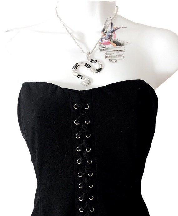 black strapless dress, bustier lace up corset sty… - image 9