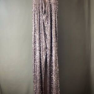 May include: A long, sequined, silver-toned dress with a low back and a slit in the skirt.