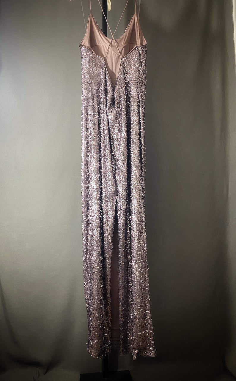 May include: A long, sequined, silver-toned dress with a low back and a slit in the skirt.