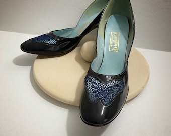 60s high heel blue butterfly cutout, black patent leather vintage pump