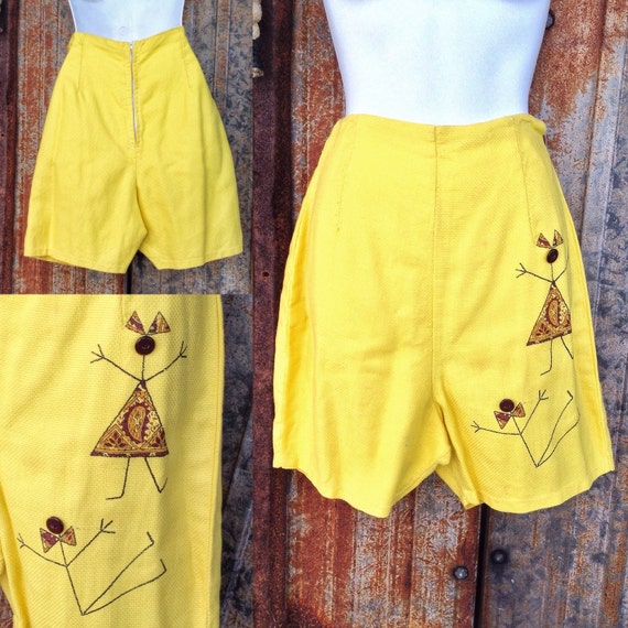 60s yellow cotton novelty short, womens vintage s… - image 1