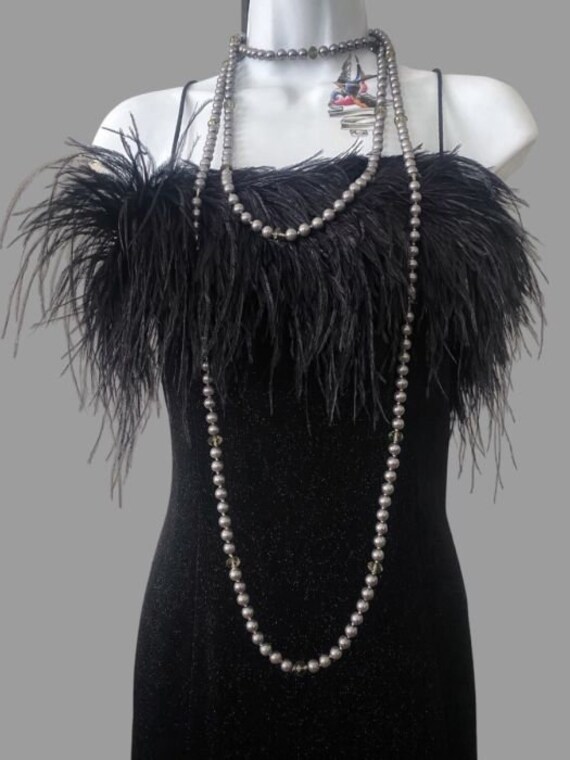 80s ostrich feather black velvet gown, long vinta… - image 9