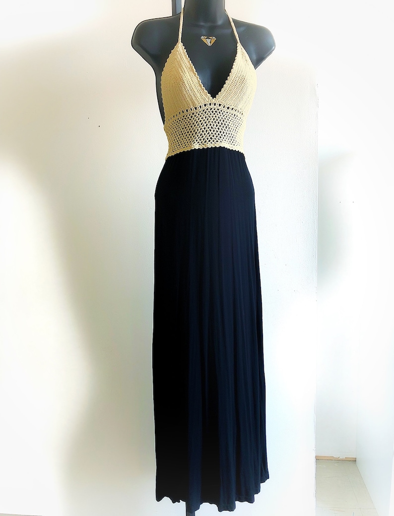 vintage crochet maxi dress boho halter dress black and ivory long dress