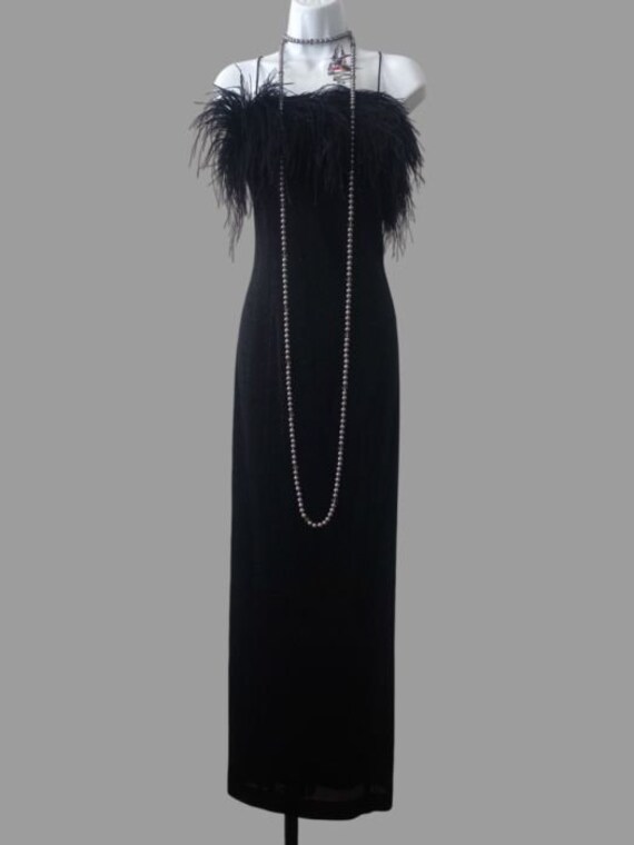 80s ostrich feather black velvet gown, long vinta… - image 2