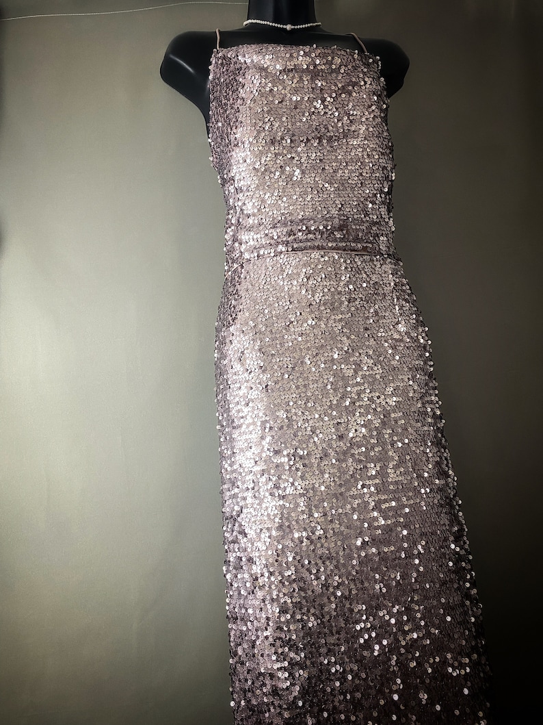 May include: A silver sequined sleeveless dress with a straight neckline.