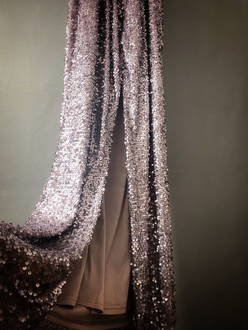 May include: A pair of silver sequined pants hanging on a wall. The pants are made of a soft, flowing fabric and have a relaxed fit.