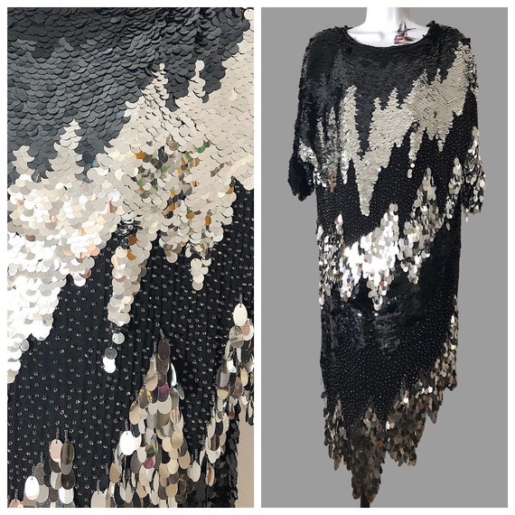 80s oleg cassini cocktail dress, silk with sequin… - image 1