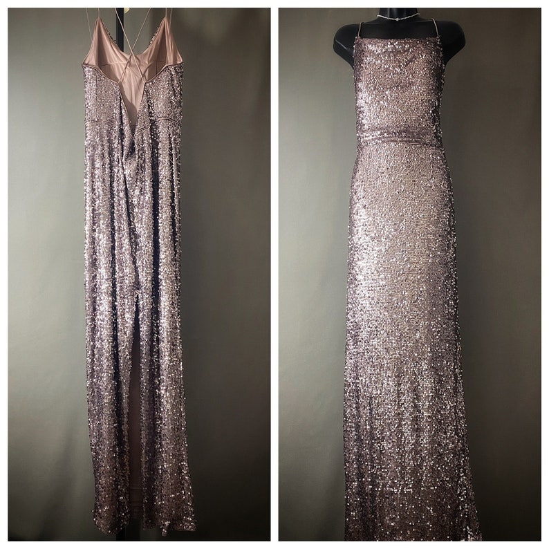 Taupe grey sequin spaghetti strap gown with X-back.