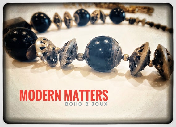 70s boho beads, bone wood metal choker, vintage h… - image 1