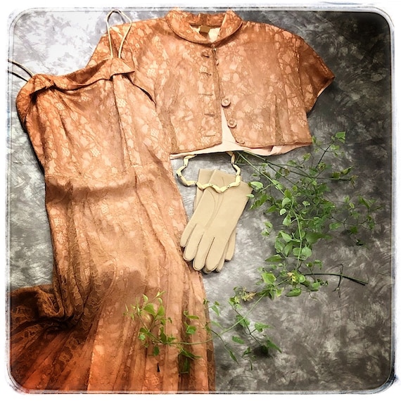 40s dusty rose lace dress, dress and cropped boler