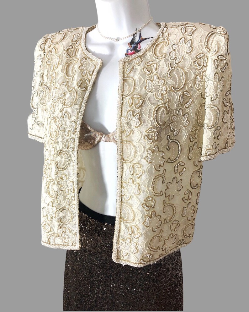 80s Ivory Beaded Embroidered Lace Jacket, Vintage Wedding Bridal Short