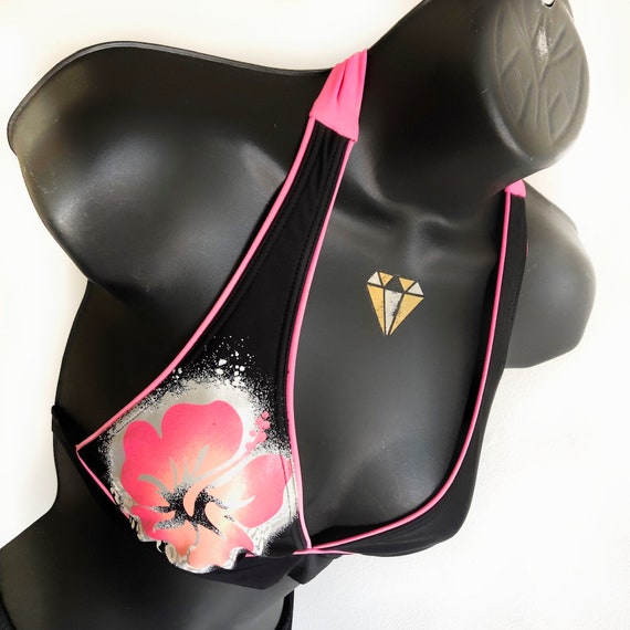 80s pink + black graphic floral bikini top, vinta… - image 7