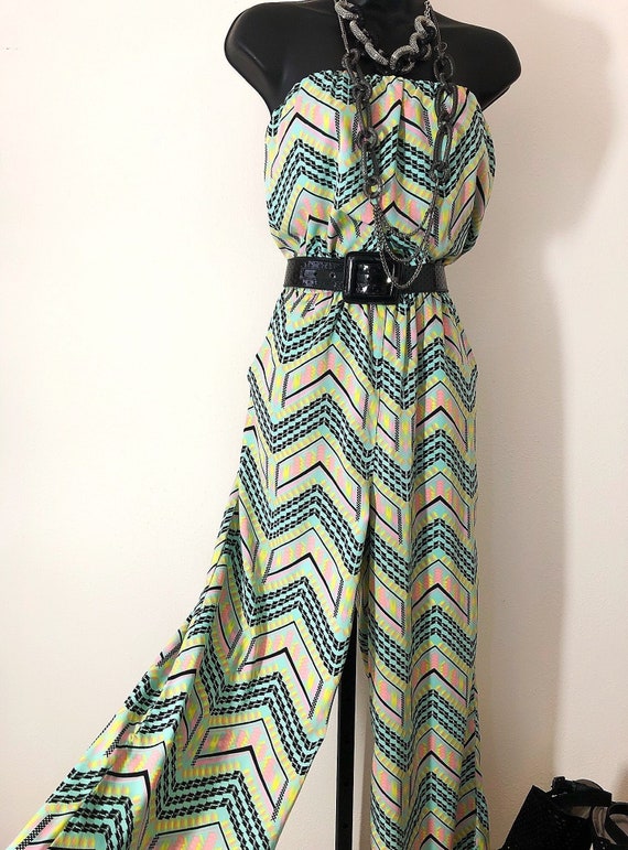 80s strapless chevron print jumpsuit with pockets,