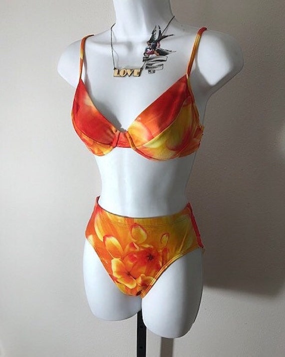 80s orange floral high waisted bikini, NWT vintag… - image 1
