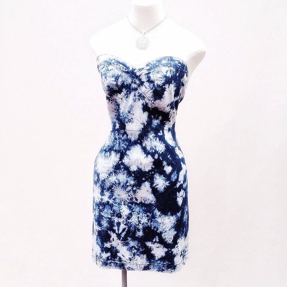 80s Tie Dye Denim Dress Strapless 