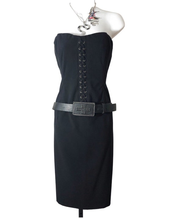 black strapless dress, bustier lace up corset sty… - image 1