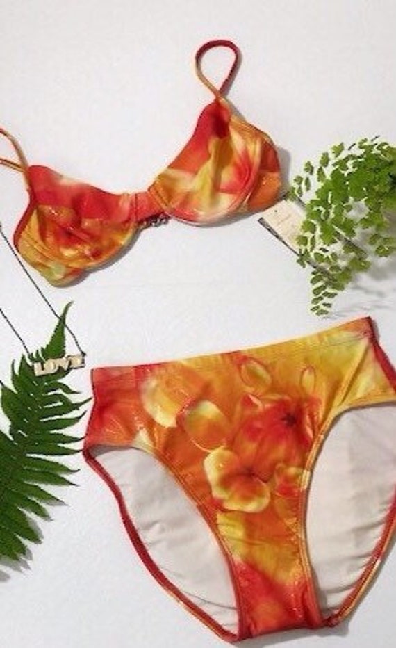 80s orange floral high waisted bikini, NWT vintag… - image 5