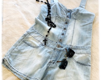 womens faded denim romper, vintage playsuit with pockets size small